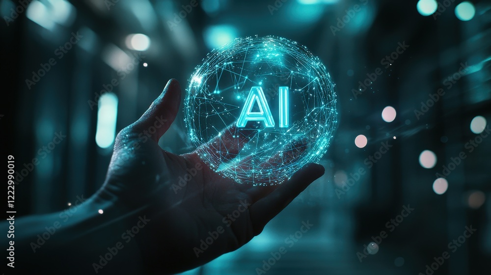 Poster hand holding glowing ai hologram in digital space, representing artificial intelligence innovation a