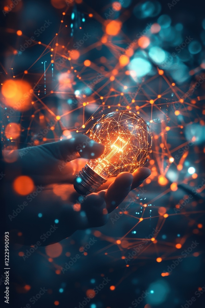Poster hand holding glowing sphere symbolizing technology, innovation, and connectivity in digital networks