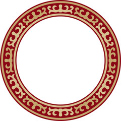 Vector red and gold round Kazakh national ornament. Ethnic pattern of the peoples of the Great Steppe, Mongols, Kyrgyz, Kalmyks, Buryats. circle, frame border