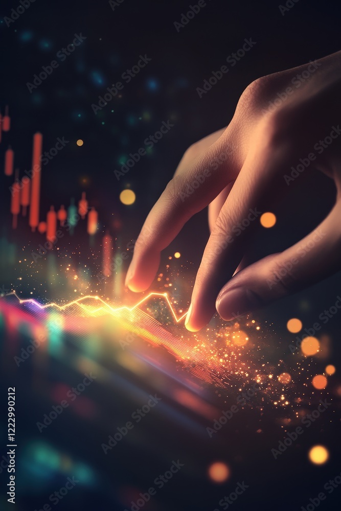Poster hand interacting with dynamic financial data visualization, highlighting trends and analytics in sto