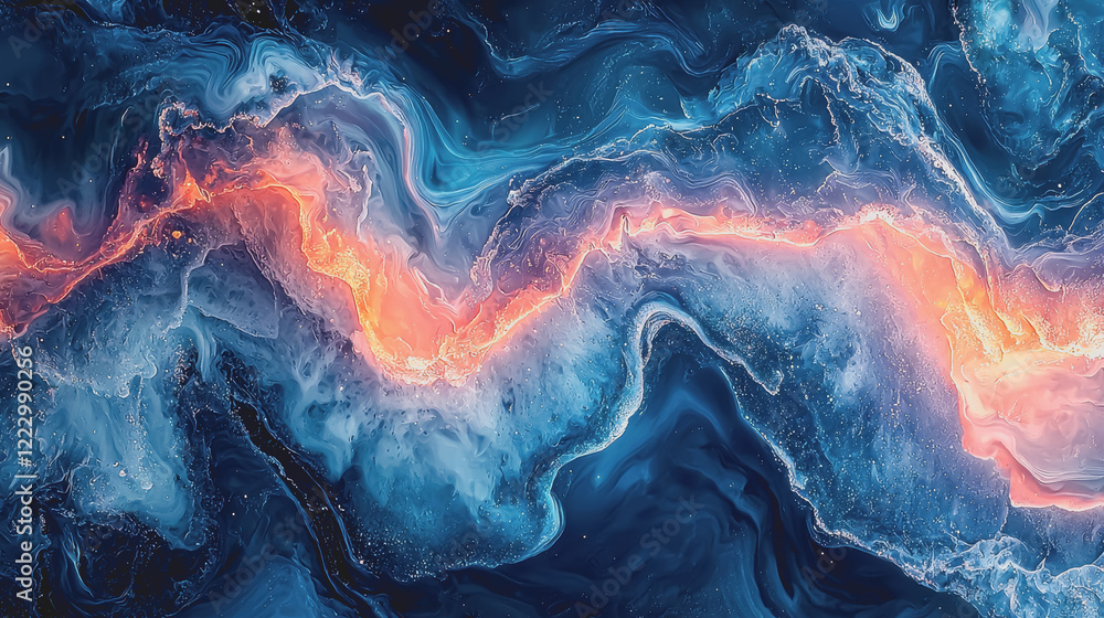 Poster abstract painting featuring dynamic blue and orange wave patterns creating a sense of movement and e