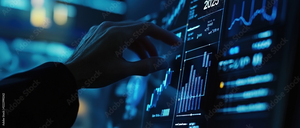Poster hand interacting with financial data on a digital screen in a modern office. analyzing performance m