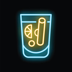 Bright neon sign depicting a cocktail in a glass with ice, a cinnamon stick and a slice of lemon