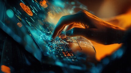 Hand interacting with futuristic touchscreen interface displaying data and graphs, showcasing technology, innovation, digital analytics, and user experience design.