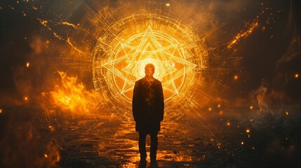 Fototapeta premium Mysterious Figure Standing Before Glowing Mystical Circle at Night