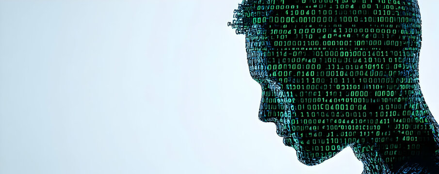 Digital head profile, code, white background