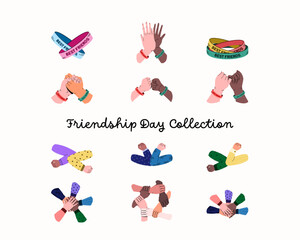 Set of friendship bracelet, high five, pinky promise, holding hands, fist bump on white background