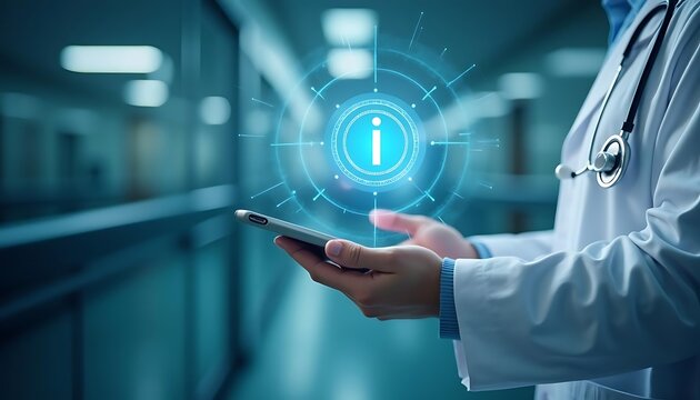 Doctor uses mobile device to access digital patient data with overlay interface graphic - Powered by Adobe