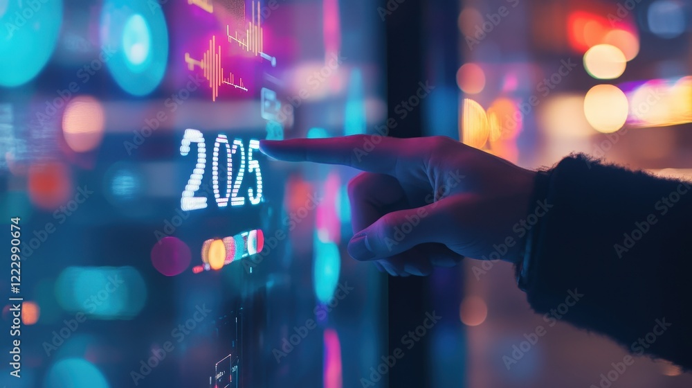Poster hand pointing at digital screen displaying 2025 date with colorful financial data for data analysis,