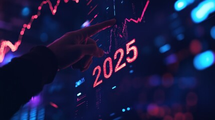 Hand pointing at digital financial data with market trends, stock prices, and projections for 2025 on a futuristic display. Analysis, investment, and growth strategy.