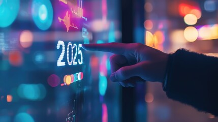 Hand pointing at digital screen displaying 2025 date with colorful financial data for data analysis, forecasting trends, and stock market predictions in technology.