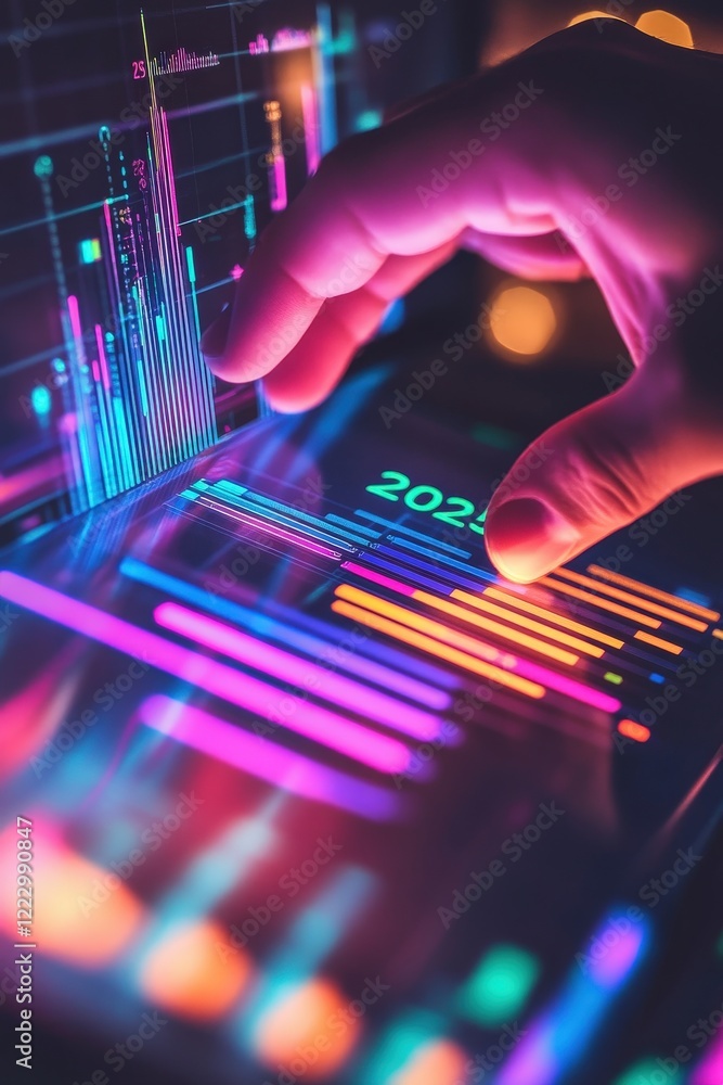 Poster hand reaching for colorful data visualization on a digital interface, representing market analysis a