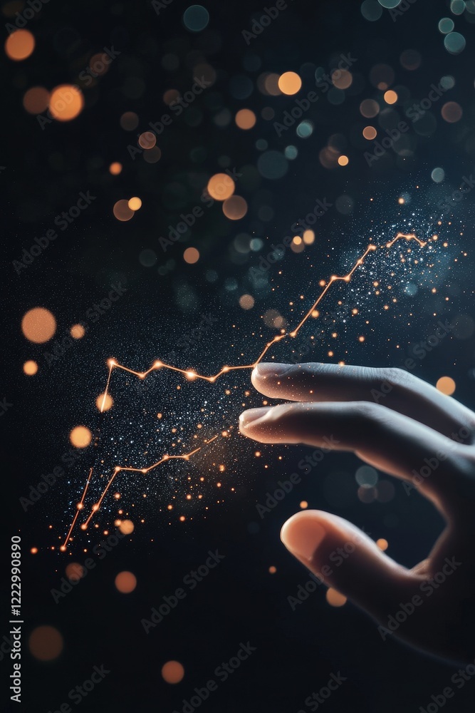 Poster hand reaching out to digital graph with glowing particles, representing growth and data analysis in 