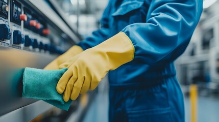 Factory Worker Cleaning Electronics Panels with Biodegradable Wipes in Modern Facility