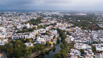 Afternoon aerial view of the skyline of downtown Villahermosa, Tabasco, Mexico.