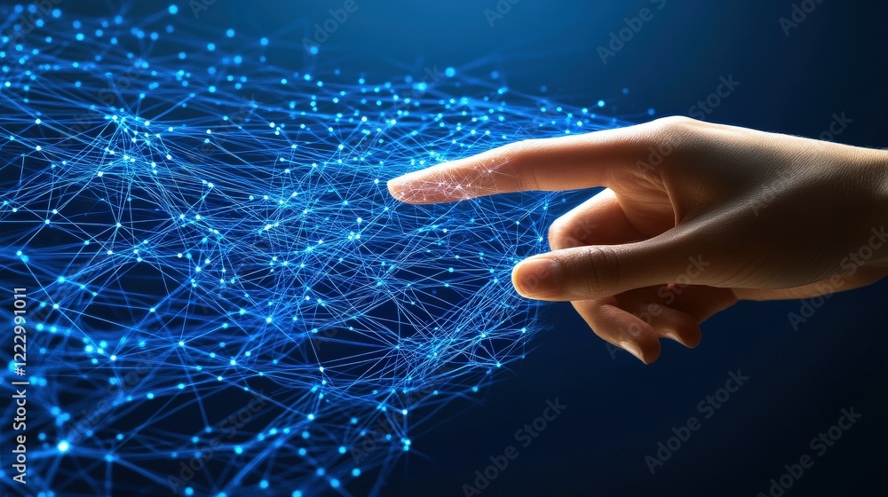 Poster hand reaching out to touch a digital network, symbolizing connection, technology integration, and da