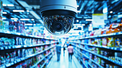 Surveillance camera monitors shopper activity in busy retail store for enhanced security and theft prevention