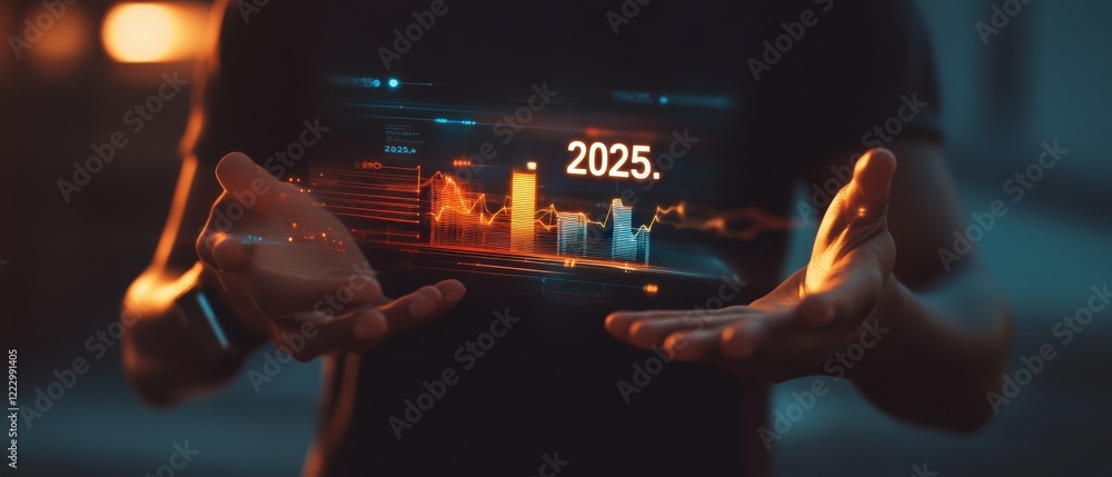 Poster hands holding a futuristic holographic display showing financial projections for 2025, including gra