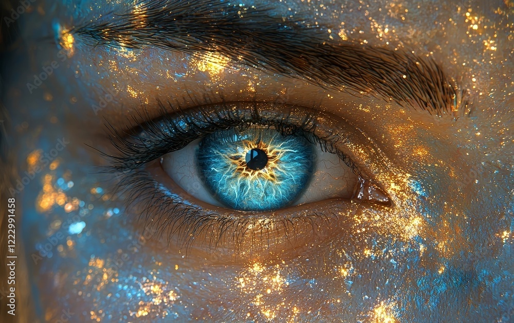 Aufkleber glowing portal eyes surrounded by shimmering fractal patterns in abstract portrait