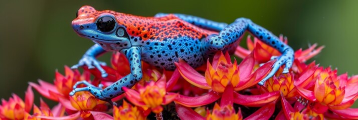 Vivid Blue and Red Poison Dart Frog Perched on Vibrant Orange and Red Tropical Flowers