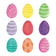 
Easter, Easter eggs, Collection of watercolor Easter eggs with bright patterns on a white background. The illustration is done in a light and festive style. Collection of Easter eggs