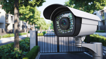 Surveillance camera monitors entry gate of residential complex in a secure neighborhood