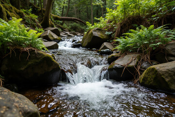 Mountain stream cascading through lush green ferns