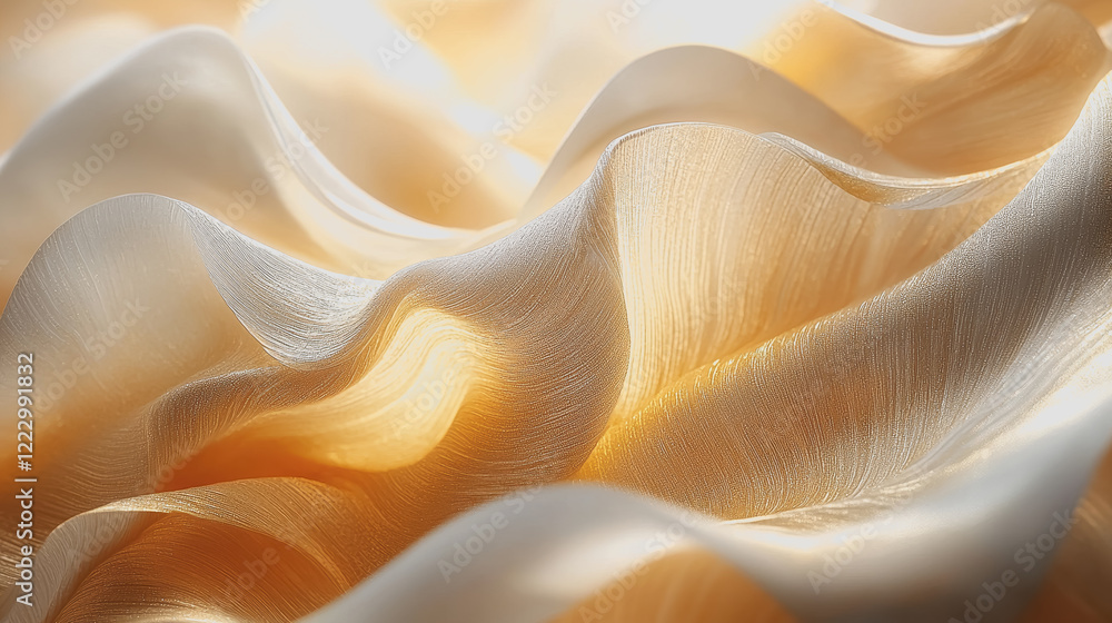 Poster close up of white and yellow fabric showing texture and pattern in natural light with soft focus bac
