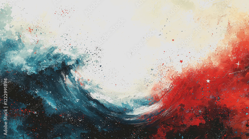 Poster painting of a red and blue wave texture with flowing patterns and vibrant colors on canvas depicting