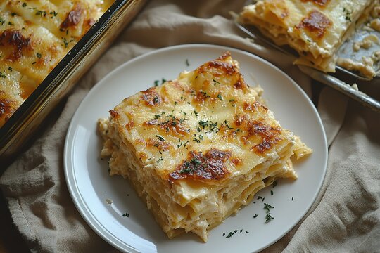 A golden-brown baked lasagna layered with cheese and pasta sits on a white plate A portion of lasagna remains in the baking dish