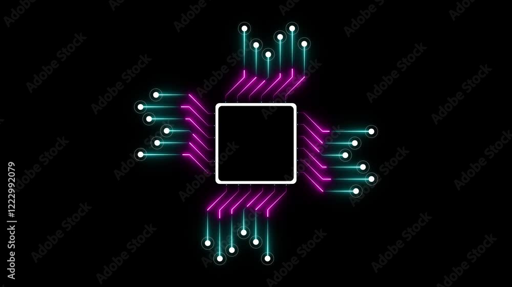 Poster digital circuit background with neon light glowing lines, technology digital abstract background 4k 