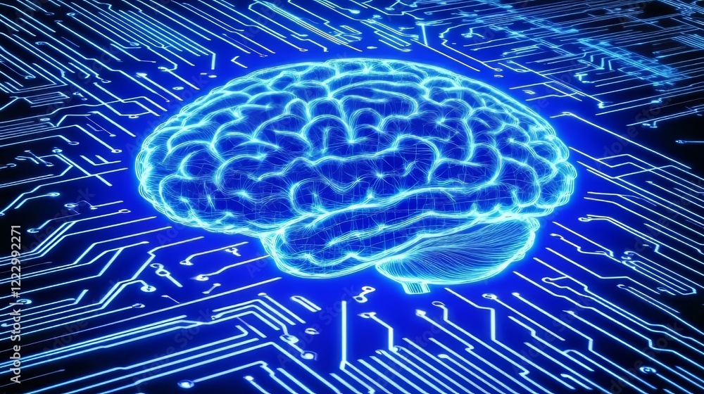 Poster digital brain. wireframe human brain on circuit board, artificial intelligence concept.