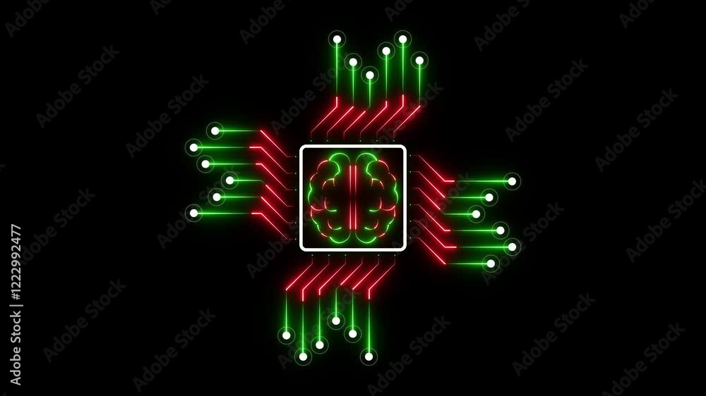 Poster digital circuit background with neon brain icon, technology digital abstract background 4k animation