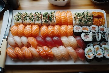 A large platter of assorted sushi featuring various types of rolls and nigiri