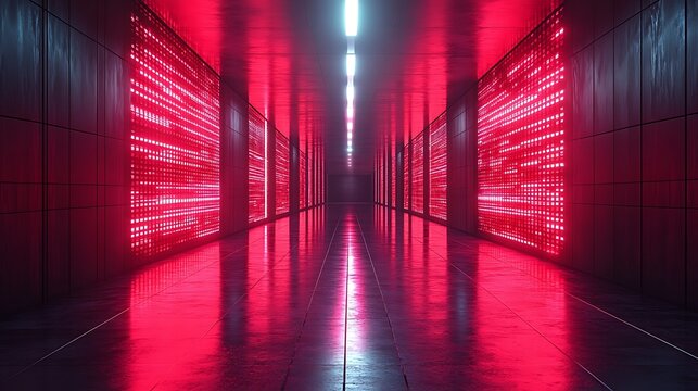 Illuminated Corridor with Red Grid Walls and Reflective Floor