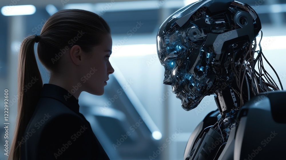 Poster human and robot interaction in futuristic setting, exploring artificial intelligence ethics and tech