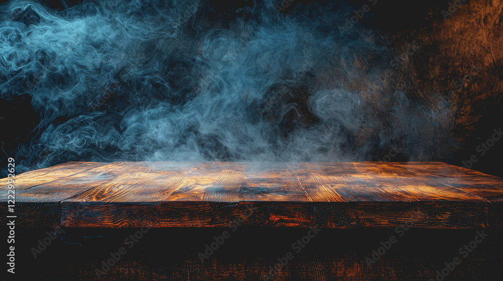 Poster wooden table with smoke rising from its surface creating a mysterious and atmospheric indoor scene f