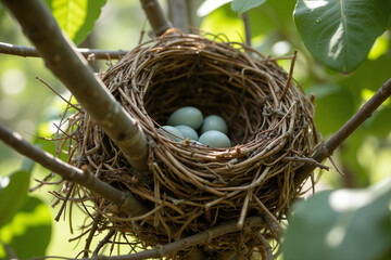 Bird's nest with eggs in tree branch at sunrise