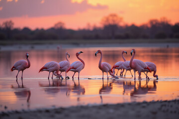 Flamingos wading in sunset-lit lagoon