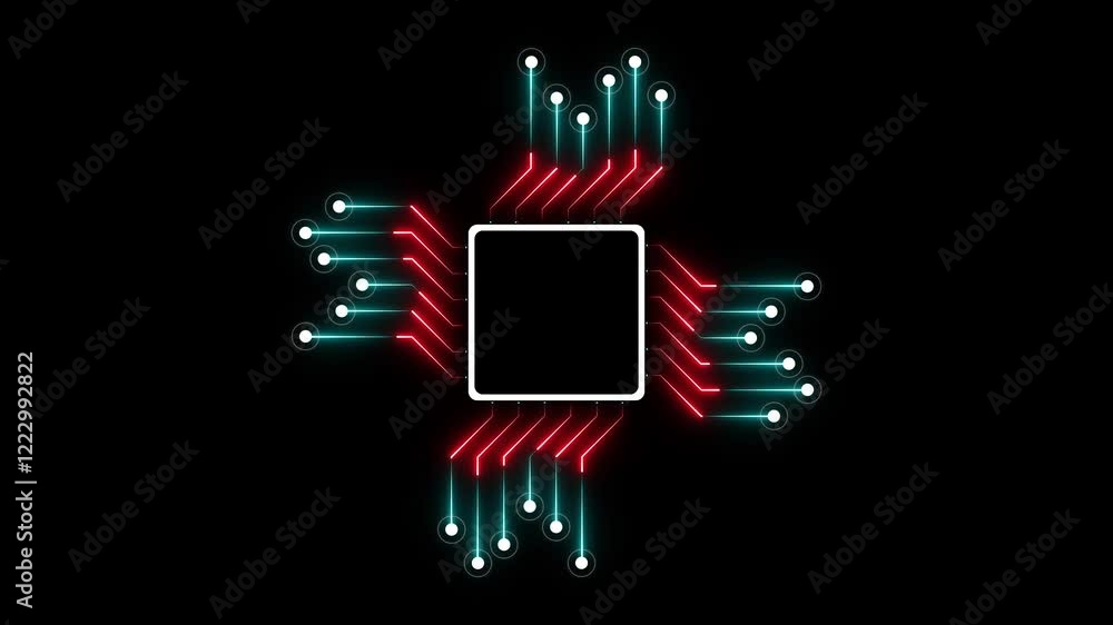 Poster digital circuit background with neon light glowing lines, technology digital abstract background 4k 