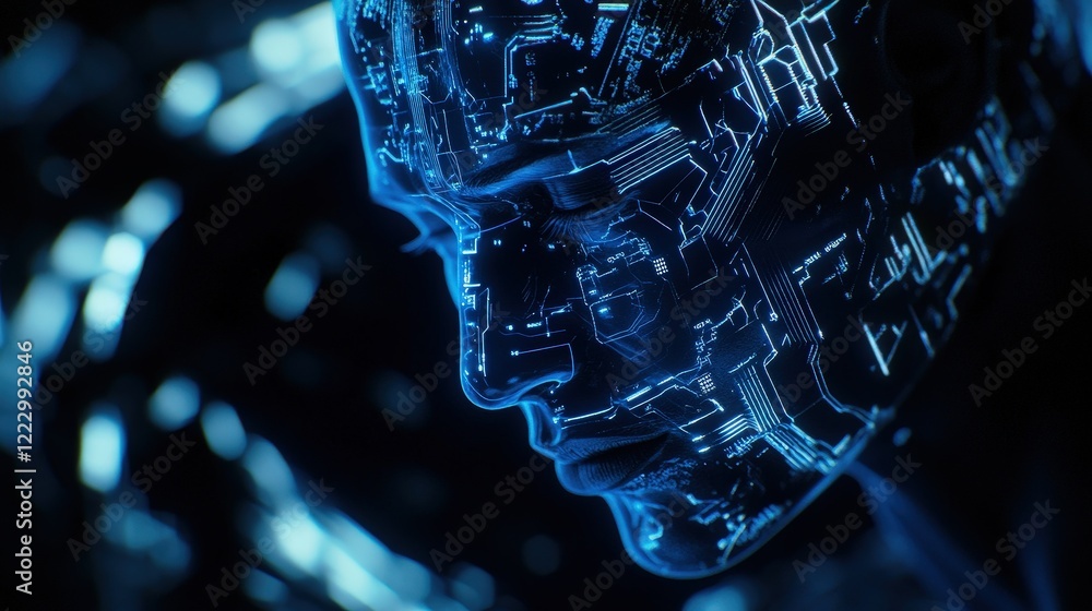 Poster human-like robot with digital circuitry and glowing blue lights representing advanced technology and