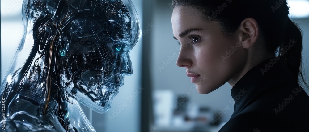 Poster interaction between human and robot in futuristic setting, showcasing advanced technology and ai dev