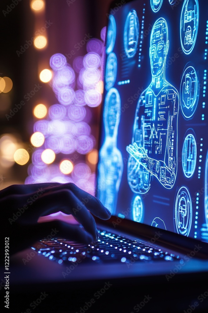 Aufkleber laptop, close-up hand typing on keyboard with illuminated hologram of robotic figure, digital techno