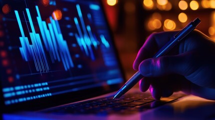 Laptop, data analysis and financial charts on screen with pen in hand, highlighting trends in digital trading, investment growth, and market strategies.