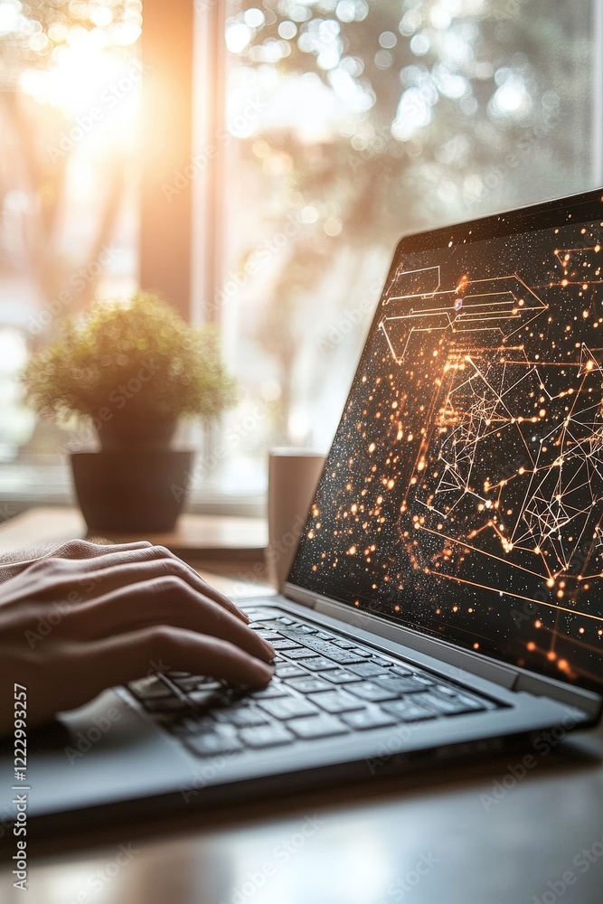 Poster laptop, hands typing and digital interface on screen with glowing data network in modern workspace, 