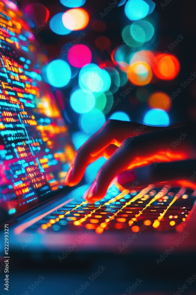 Poster laptop, hands typing code with vibrant bokeh lights in the background, showcasing technology, softwa
