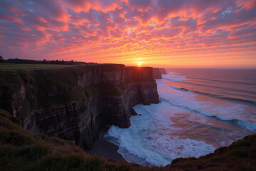 Coastal cliff sunset with ocean waves