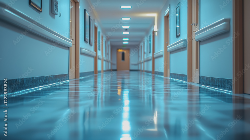 Poster long hallway featuring a blue floor and bright overhead lighting with a perspective view from one en