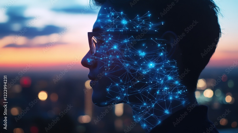Poster man with digital neural network projection on face at sunset, representing technology, ai developmen
