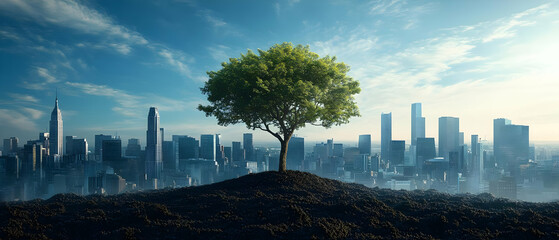 Green tree atop hill, cityscape sunrise